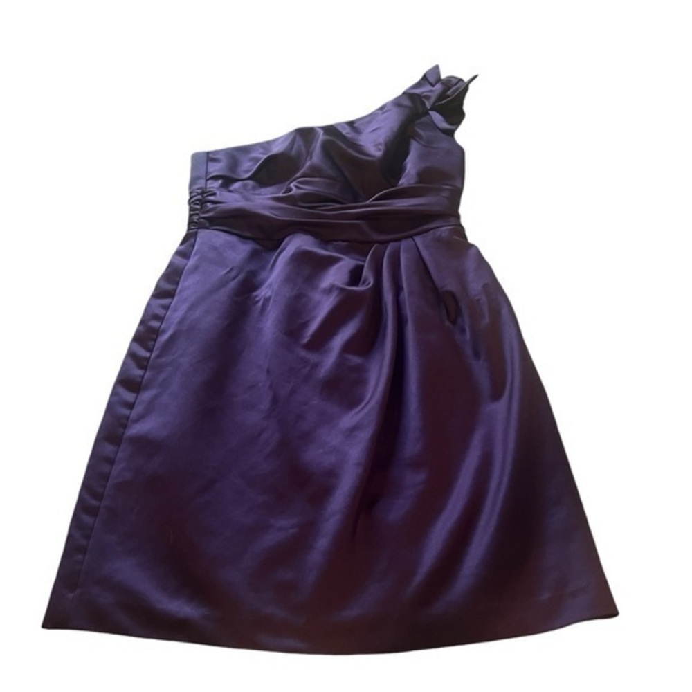 Purple David’s Bridals one shoulder bow short bridesmaids wedding dress